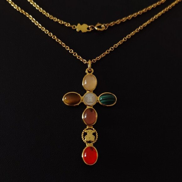 Tous Silver-Gold-Plated Cross Colored Gemstone Necklace - Picture 1 of 9